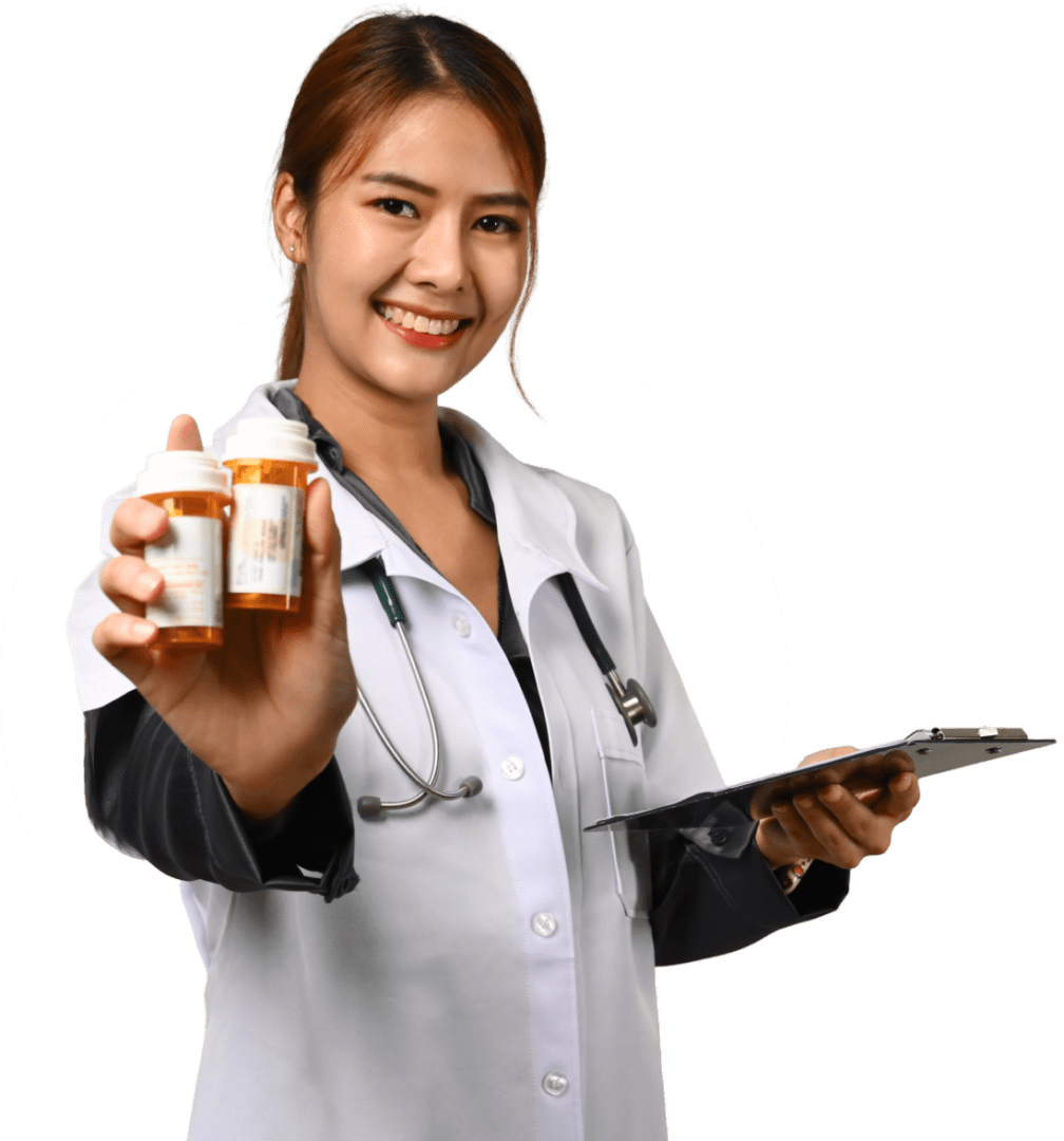 A woman holding a tablet and medicine bottle.